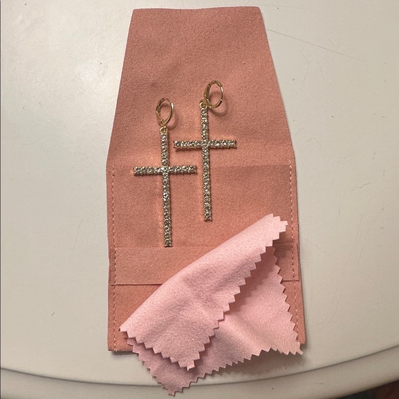 Gold and Rhinestone Cross Earrings - Picture 14 of 16